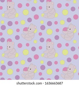 Light purple cute baby vector seamless pattern with multi-colored balls and gray bears toys on the lilac background
