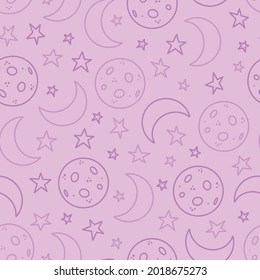 Light purple cute moon and stars seamless pattern repeat print background. Vector illustration. Great for kids and home decor projects. Surface pattern design.