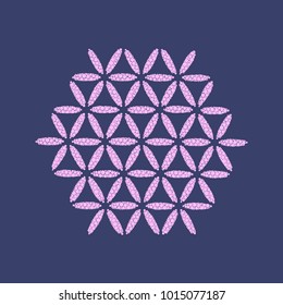 Light purple dots flower of life symbol on purple background,pattern of dots, abstract colorful sacred geometry.
