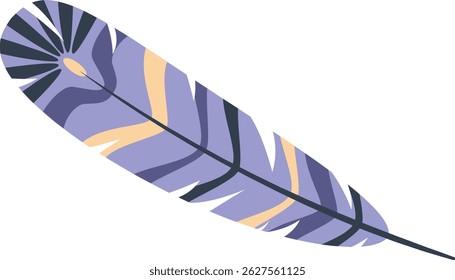 Lichtpaarse veer die valt met donkerpaarse en beige strepen, met een donkerpaars radiaal patroon op de punt en een dunne donkergrijze steel, geïsoleerde illustratie op een witte achtergrond