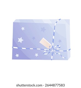 A light purple gift box decorated with stars and a tag. Flat vector illustration of a present with soft gradients. Perfect for birthday design, party invitations, prints, and festive decor.