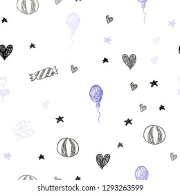 Light Purple, Green vector seamless texture in birthday style. Abstract illustration with aheart, baloon, candy, gift, star, ribbon. Pattern for birthday gifts.