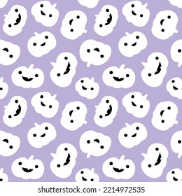 Light purple Halloween pumpkin pattern. Seamless pastel violet background with smiling pumpkin faces in black and white flat illustration style.