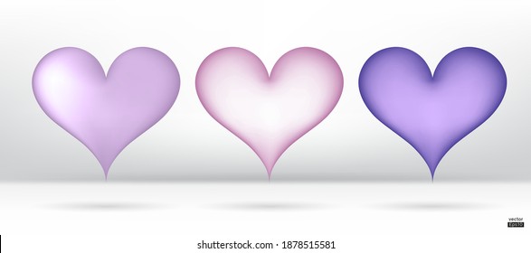 Colección vectorial 3D de corazones morados claros aislados en fondo blanco.Símbolo de amor y Día de San Valentín.Icono de forma corazón vector para tarjeta de diseño.