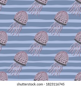 Light purple jellyfish seamless pattern. Doodle underwater print with stripped blue background. Perfect for wallpaper, textile, wrapping paper, fabric print. Vector illustration.