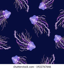 Light purple jellyfishes on violet background. Seamless hand drawn underwater fauna pattern. Suitable for wallpaper, textile.
