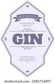 Light purple label with the writing gin, best quality, handcrafted product, decorations and sample text, ideal for alcohol, liquor and beverages