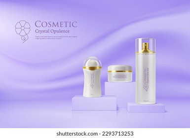 Podio de lavanda morada clara y simulación cosmética. Botellas vectoriales realistas y frasco de productos cosméticos naturales en vitral, soporte o plataforma. Pancarta y gel de skincare, fondo de pared pastel