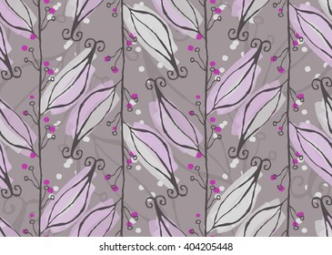 Light purple leaves on vine.Hand drawn with ink and colored with marker brush seamless background.Creative hand made brushed design.