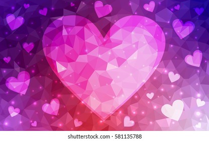 Light purple, pink, red vector greeting Card Happy Valentine's Day. Lettering with hearts on the white polygonal background. Colored triangular illustration for your business.