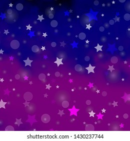 Light Purple, Pink vector backdrop with circles, stars. Glitter abstract illustration with colorful drops, stars. Design for textile, fabric, wallpapers.