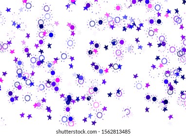 Light Purple, Pink vector backdrop with bright stars, suns. Stars, suns on blurred abstract background with gradient. Best design for your ad, poster, banner.