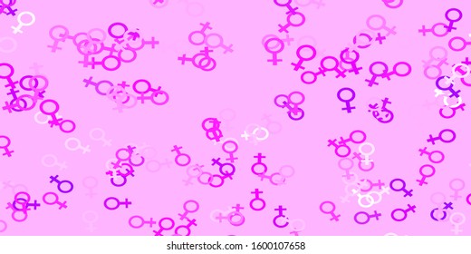Light Purple, Pink vector backdrop with woman's power symbols. Simple design in abstract style with women’s rights activism. Best design for your business.