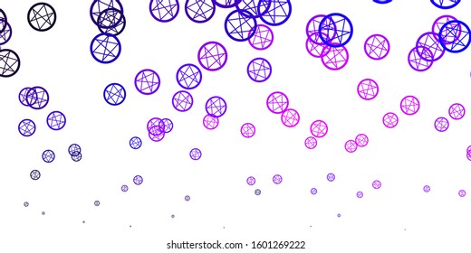 Light Purple, Pink vector backdrop with mystery symbols. Abstract illustration with gothic gradient shapes. Background for esoteric, mystic designs.