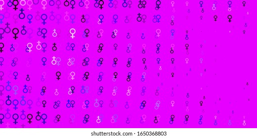 Light Purple, Pink vector backdrop with woman's power symbols. Illustration with signs of women's strength and power. Design for International Women’s Day.