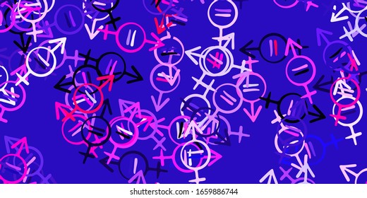 Light Purple, Pink vector backdrop with woman's power symbols. Simple design in abstract style with women’s rights activism. Elegant design for wallpapers.