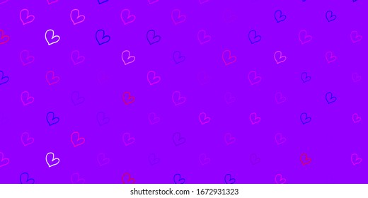 Hellviolett, rosafarbene Vektorillustration mit süßen Herzen. Herzen auf unscharfem abstraktem Hintergrund mit buntem Farbverlauf. Design für Werbung, Poster, Banner des Valentinstag.