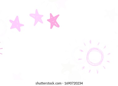 Light Purple, Pink vector backdrop with bright stars, suns. Blurred decorative design in simple style with stars, suns. Pattern for astrology websites.