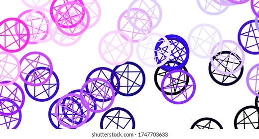 Light Purple, Pink vector backdrop with mystery symbols. Illustration with magical signs of spiritual power. Design for magic, spiritual events.