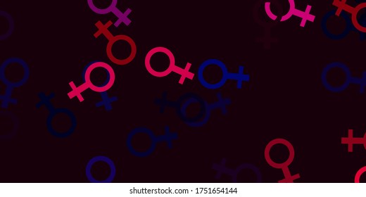 Púrpura claro, fondo vector rosado con símbolos de poder de la mujer. Ilustración con signos de fuerza y poder de las mujeres. Diseño para el Día Internacional de la Mujer.