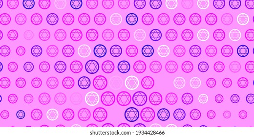 Púrpura claro, fondo vector rosa con símbolos misteriosos. Símbolos místicos coloridos con un gradiente de estilo antiguo. Diseño para eventos mágicos y espirituales.