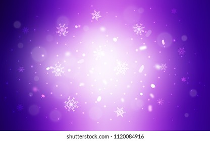Light Purple, Pink vector background with xmas snowflakes. Snow on blurred abstract background with gradient. New year design for your ad, poster, banner.