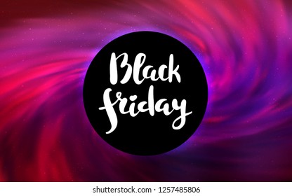 Light Purple, Pink vector background with a black hole, sky. Abstract illustration with glitter colorful cosmic stars. Backdrop for ads, leaflets of Black Friday.
