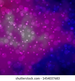 Light Purple, Pink vector background with circles, stars. Abstract design in gradient style with bubbles, stars. Texture for window blinds, curtains.