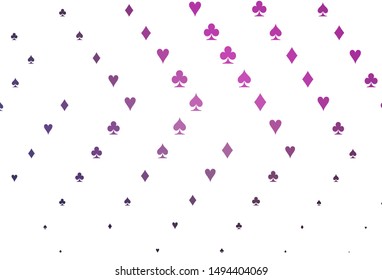 Light Purple, Pink vector background with cards signs. Illustration with set of hearts, spades, clubs, diamonds. Pattern for booklets, leaflets of gambling houses.