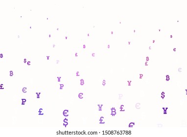 Light Purple, Pink vector background with signs of currency. Modern abstract illustration with symbols of digital money. Design for ad, poster, banner of money making.