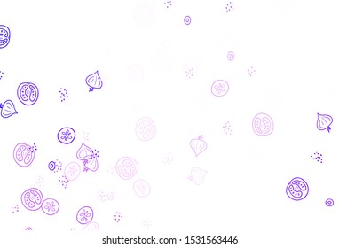 Light Purple, Pink vector background with tasty food. Glitter abstract sketch with gourmet food. Doodle design for your business advert of cafes.