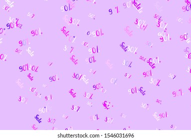 Light Purple, Pink vector background with symbols of 30, 50, 90 % sales. Shining colorful illustration with isolated selling prices. Pattern for ads, posters, banners of sales.