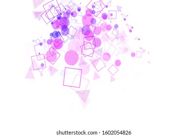 Light Purple, Pink vector background with triangles, circles, cubes. Illustration with set of colorful circles, triangles, squares. Best design for poster, banner.