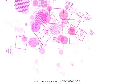 Light Purple, Pink vector background with polygonal style with circles. Glitter abstract illustration with spheres, squares, lines. Template for wallpapers.