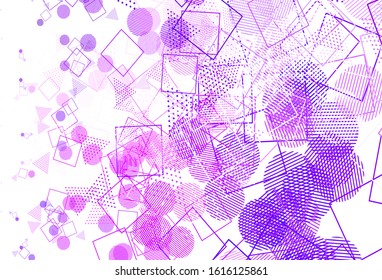 Light Purple, Pink vector background with triangles, circles, cubes. Glitter abstract illustration with spheres, squares, lines. Pattern for websites.