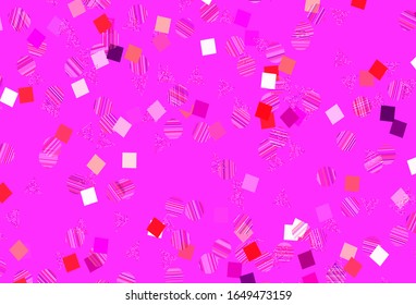 Púrpura clara, fondo vector rosado con triángulos, círculos, cubos. Ilustración con un conjunto de círculos coloridos, triángulos, cuadrados. Patrón para comerciales.