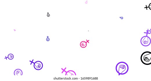 Fondo vector rosa claro púrpura con símbolos femeninos. Símbolos feministas coloridos con un degradado de estilo moderno. Antecedentes del Día Internacional de la Mujer.