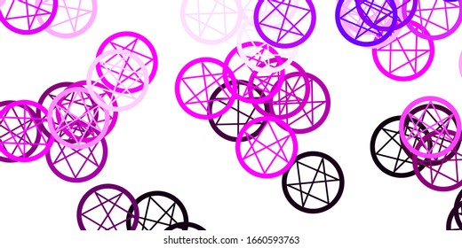 Light Purple, Pink vector background with occult symbols. Colorful mystic symbols with a gradient in ancient style. Design for magic, spiritual events.