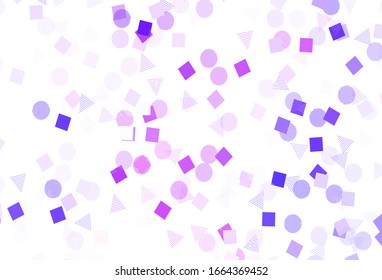 Púrpura clara, fondo vector rosado con triángulos, círculos, cubos. Círculos, líneas, rhombus con gradiente colorido. Mejor diseño para afiche, pancarta.