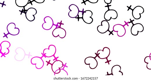 Fondo vector rosa claro púrpura con símbolos femeninos. Ilustración colorida con formas de feminismo degradado. Mejor diseño para mostrar el poder de las mujeres.