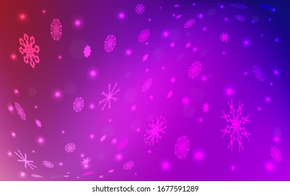 Púrpura clara, fondo vector rosado con copos de nieve de Navidad. Nieve sobre fondo abstracto borroso con degradado. La plantilla se puede utilizar como fondo de año nuevo.