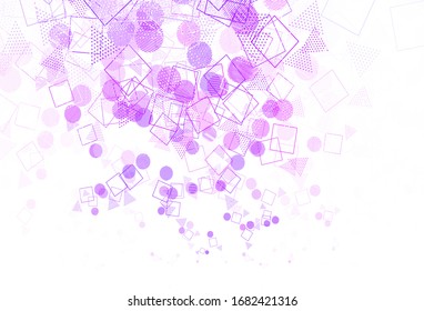 Púrpura clara, fondo vector rosado con triángulos, círculos, cubos. Ilustración abstracta con puntos coloridos, líneas, cubos. Patrón para sitios web.