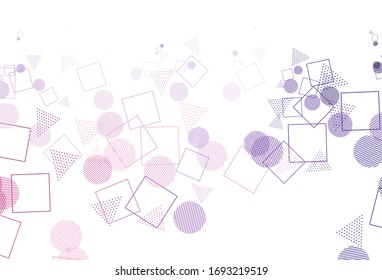 Fondo vectorial rosa claro morado con estilo poligonal con círculos. Decoración de estilo abstracto con líneas, puntos, cubos. Plan para folletos y folletos