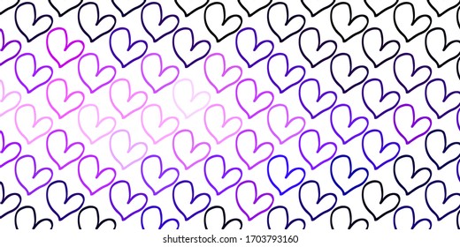 Púrpura clara, fondo vector rosado con corazones brillantes. Corazones sobre fondo abstracto borroso con gradiente colorido. Patrón de anuncios de San Valentín, folletos.