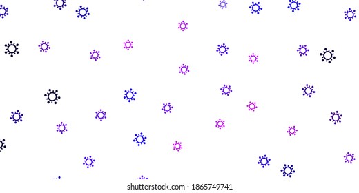 Light purple, pink vector background with covid-19 symbols. Simple design in abstract style with infection forms. Best design for quarantine events.