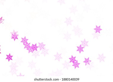 Hellviolett, rosafarbener Vektorhintergrund mit schönen Schneeflocken, Sternen. Abstrakte Illustration mit Farbverlauf-Kristall-Eisformen. Design für Neujahrsposter, Banner.