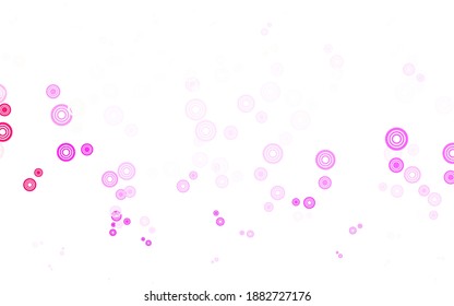 Púrpura claro, fondo vector rosado con puntos. Ilustración con un conjunto de círculos abstractos de colores brillantes. Diseño para afiches, banner de sitios web.