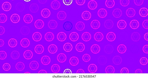 Light Purple, Pink vector background with occult symbols. Colorful vintage illustration with gradient alchemy shapes. Simple design for occult depiction.