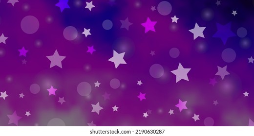 Púrpura claro, fondo vector rosado con círculos, estrellas. Ilustración abstracta con formas coloridas de círculos, estrellas. Diseño de papel pintado, creadores de tela.