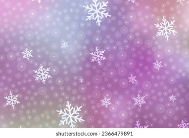 Light Purple, Pink vector background in Xmas style. Colorful illustration with snow and new year Xmas balls. Pattern for school, grammar websites.